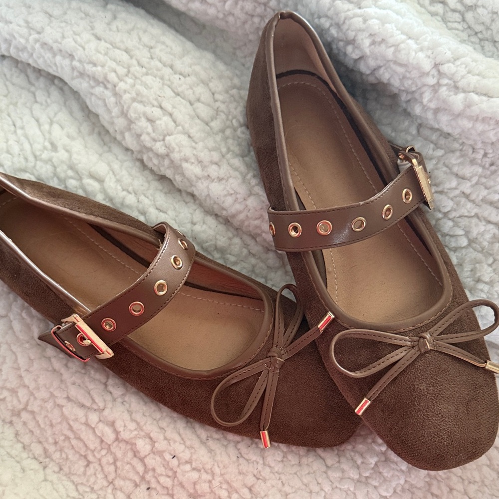 Brown Suede Ballet Flats with Strap